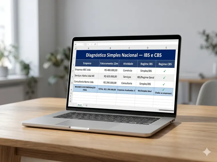 Notebook com a Planilha Diagnóstico Simples Nacional aberta, mostrando empresas, faturamento, atividade e o regime IBS/CBS recomendado para cada cliente